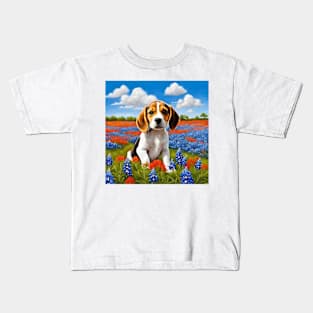 Beagle Puppy in Texas Wildflower Field Kids T-Shirt